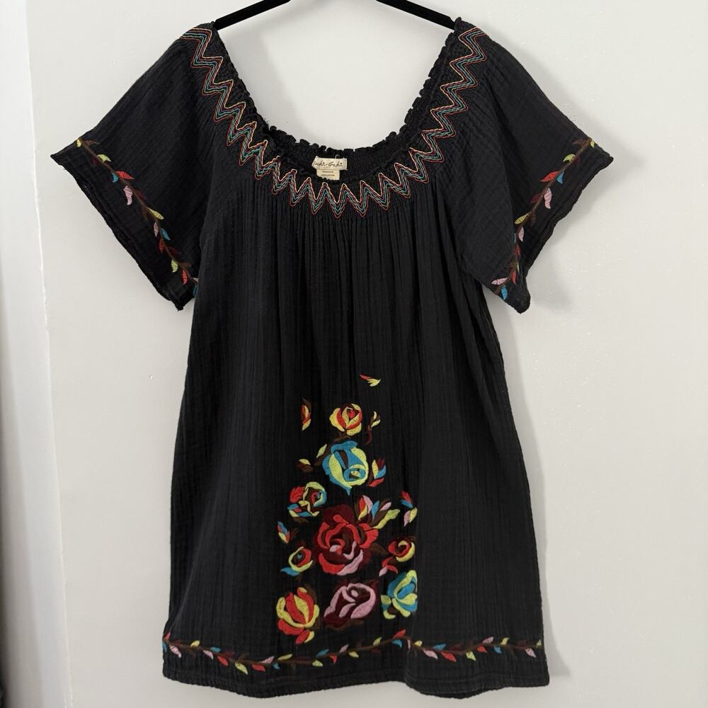 Embroidered Peasant Dress Black Cotton Gauze Floral Boho Summer Festival M
